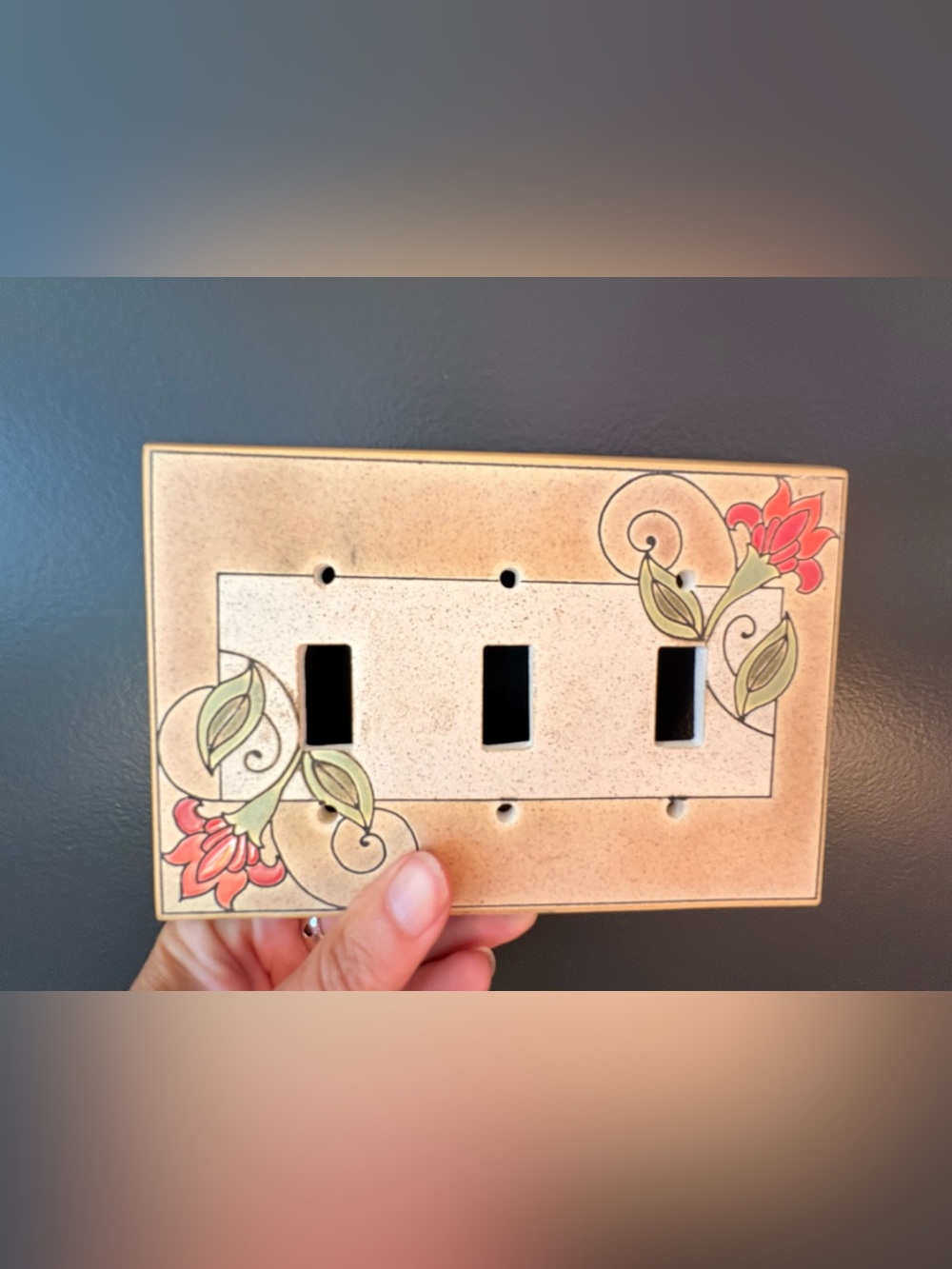 Decorative Floral Triple Toggle Switch Plate in Cream and Green- Made in Canada